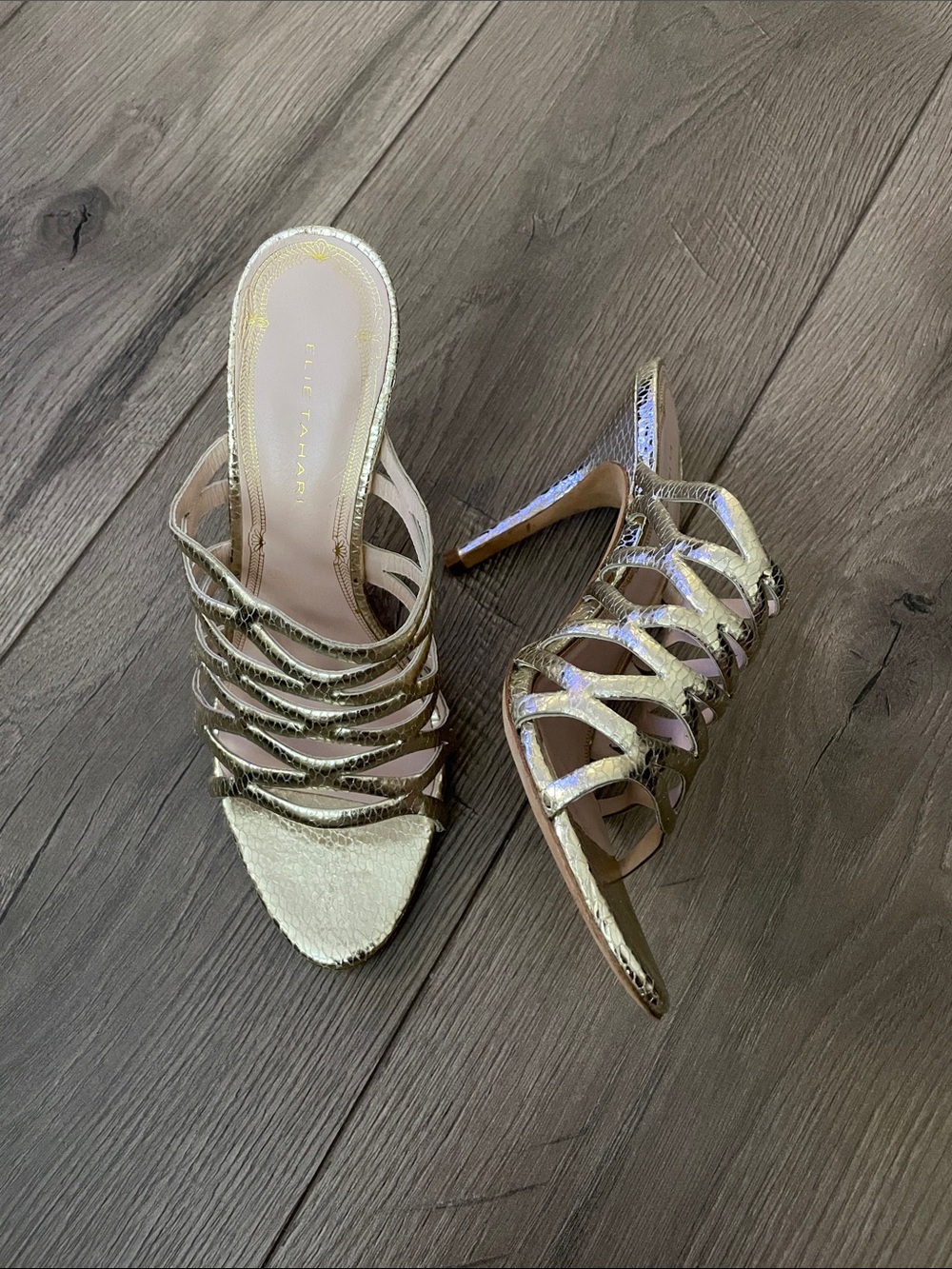Ellie Tahari Metallic Champagne Snake Embossed Lola Cage Sandals Heels Sz:37.5